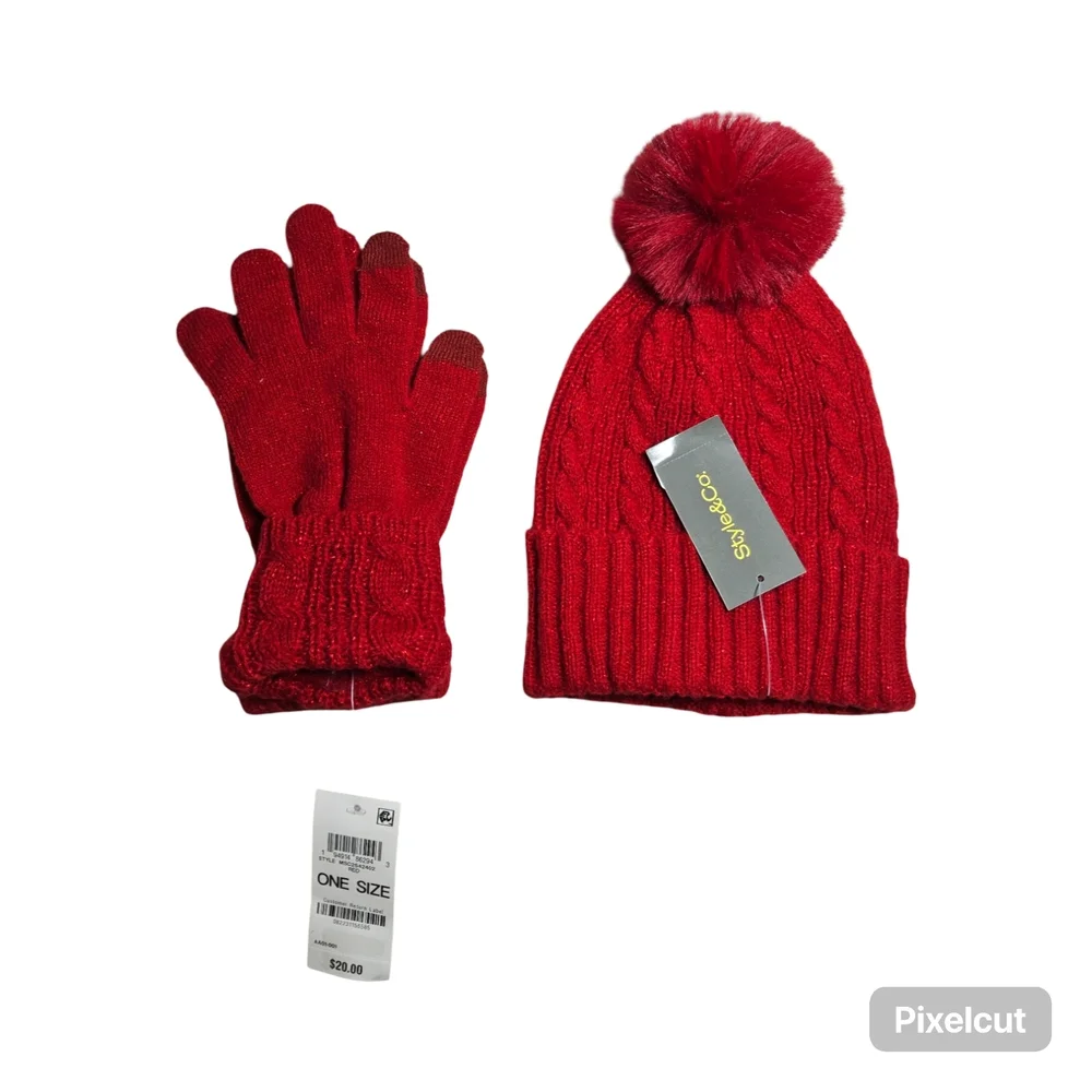NWT Customer Return Style & Co. Red Beznie Hat and Gloves